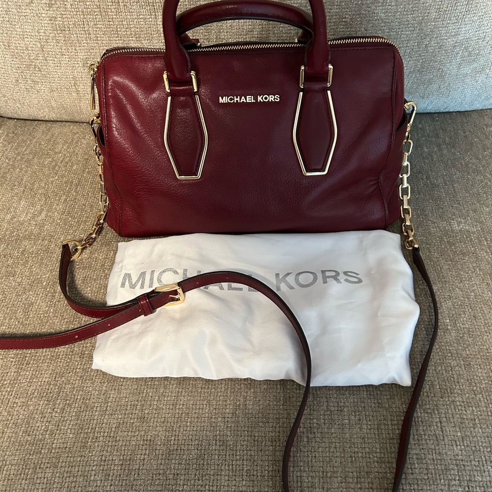 Michael Kors Wine Red Leather Medium Chain Satchel Claret